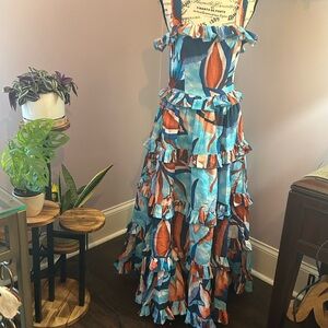 Odette boutique brand-size Small-Vibrant Blue and Pink Ruffled Maxi Dress
